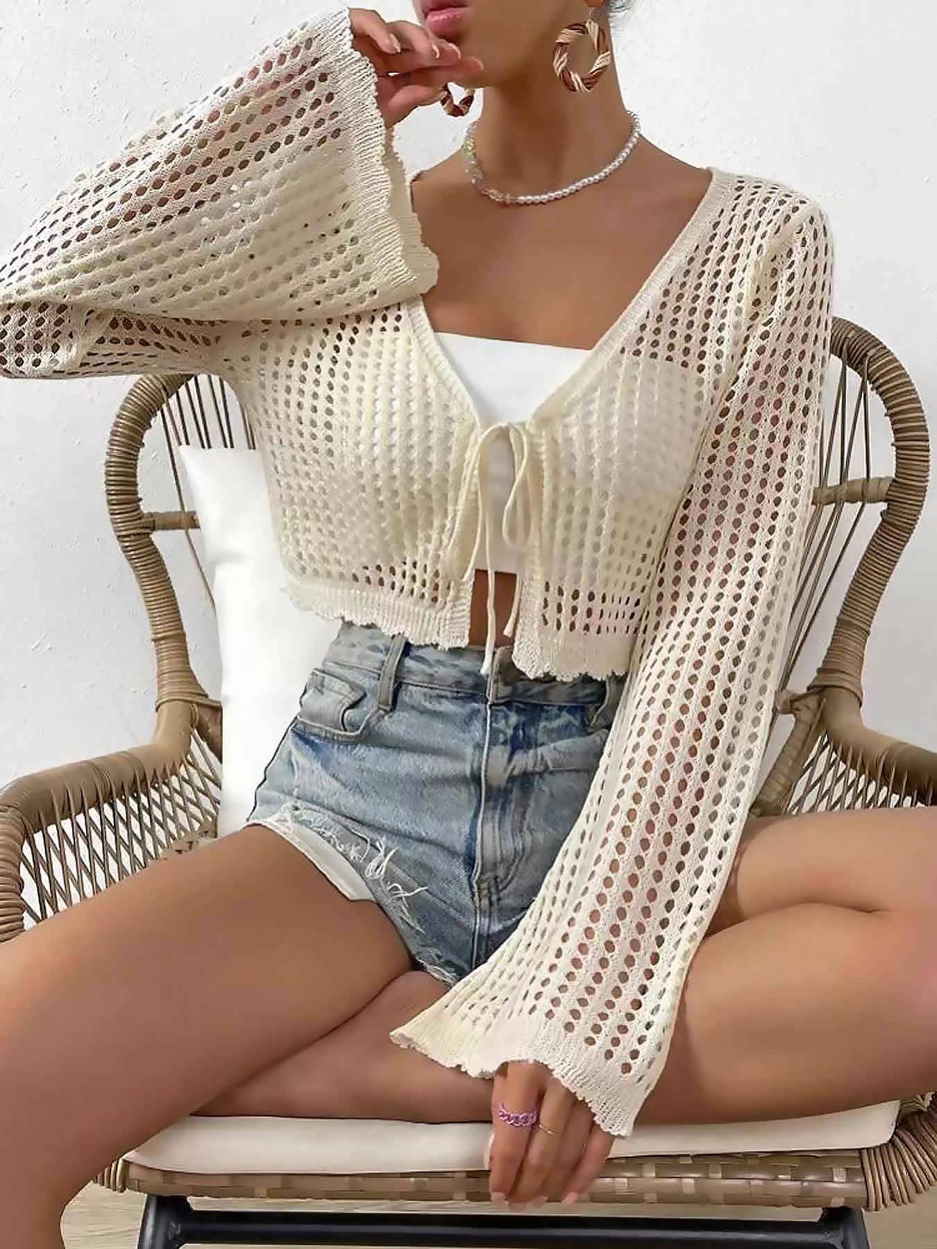 Women's Plain Hollow Out Tie Front Crop Cardigan, Casual Flounce Sleeve V Neck Cover Up Knitwear Tops for Spring & Fall, Summer Outfits 2024, Women's Knit Clothing for Daily Wear Women's Plain Hollow Out Tie Front Crop Cardigan, Casual Flounce Sleeve V Neck Cover Up Knitwear Tops for Spring & Fall, Summer Outfits 2024, Women's Knit Clothing for Daily Wear
