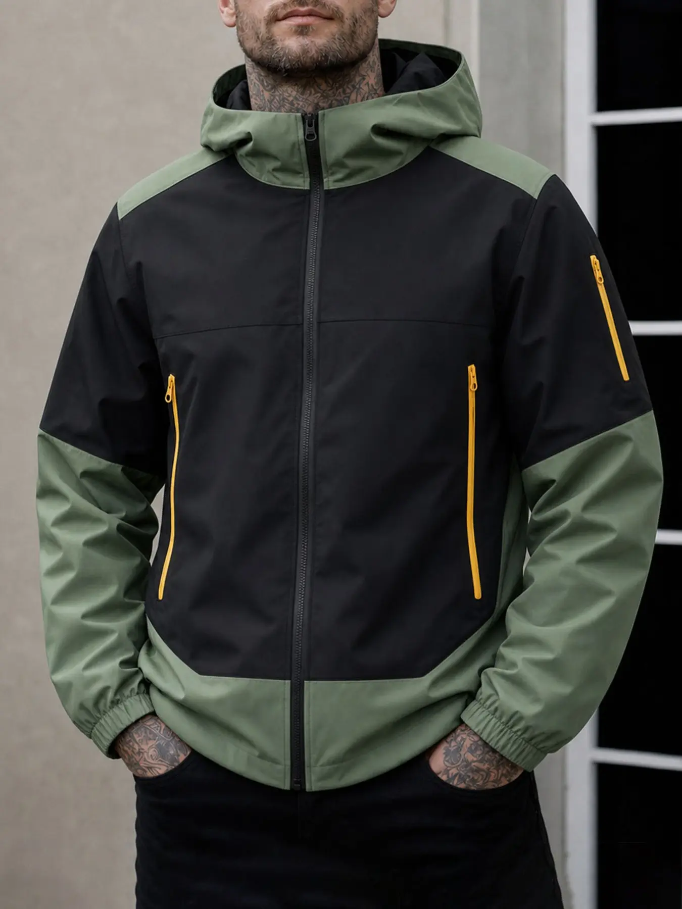 Men's Colorblock Hooded Zipper Jacket, Bright Zippers, Multiple Pockets, Elastic Sleeve Cuffs, Casual Outerwear