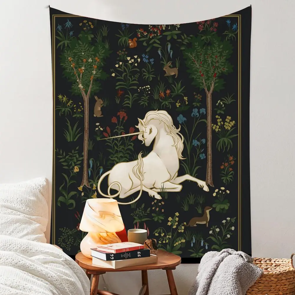 Unicorn & Floral Pattern Tapestry, Vintage Forest Garden Pattern Hanging Blanket, Wall Art Decoration for Home Living Room Bedroom, Home Decor Ideas