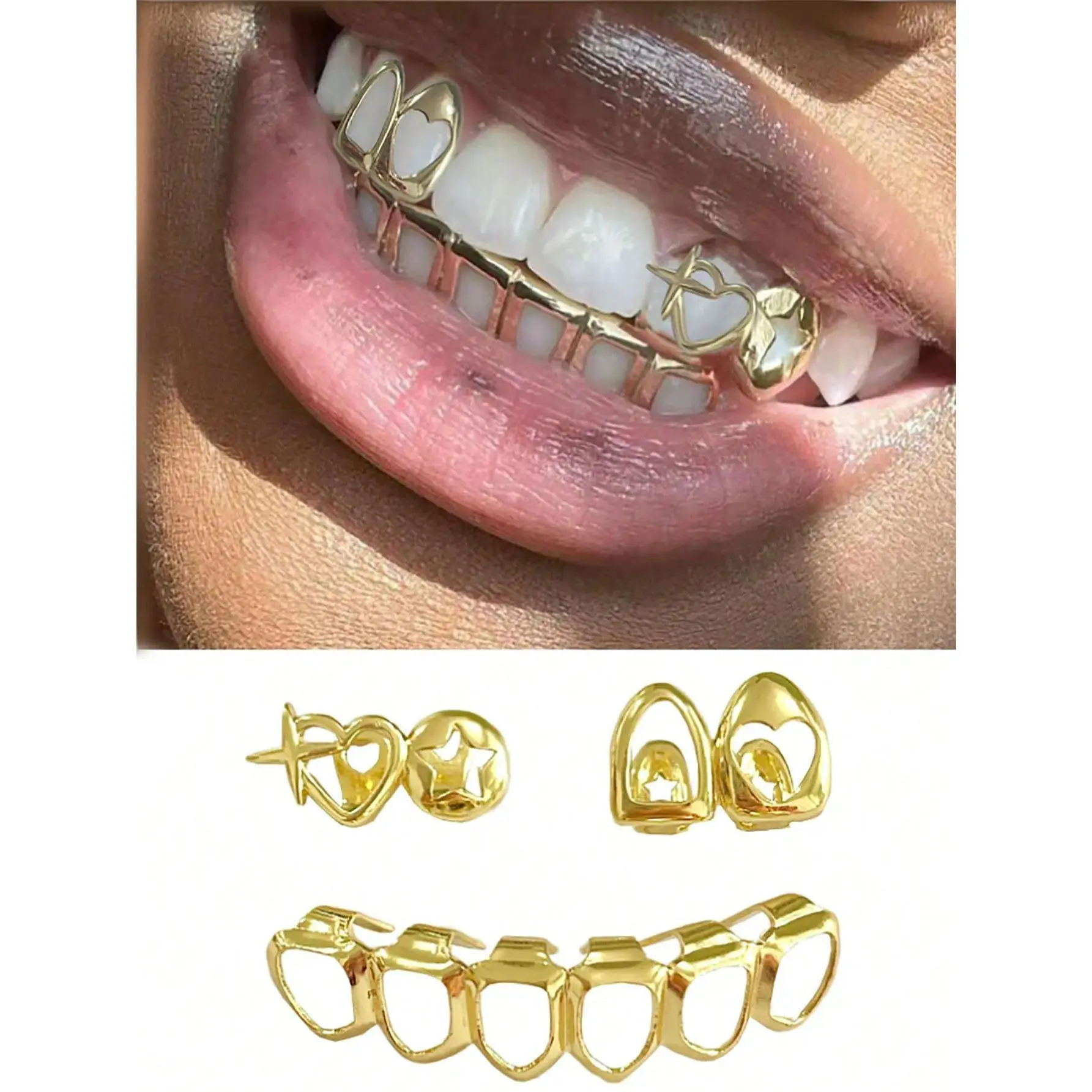 A Set Of Fashionable Tooth Decorations With Hollowed-Out Heart-Shaped Stars Paired With Hip-Hop Party Daily Street Decorations