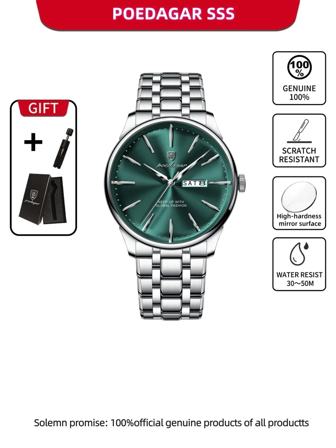 Poedagar Men's Double Calendar Quartz Watch Stainless Steel Luxury Waterproof Business Watch Light Luxury Commuter Versatile Men's Watch Quartz Movement