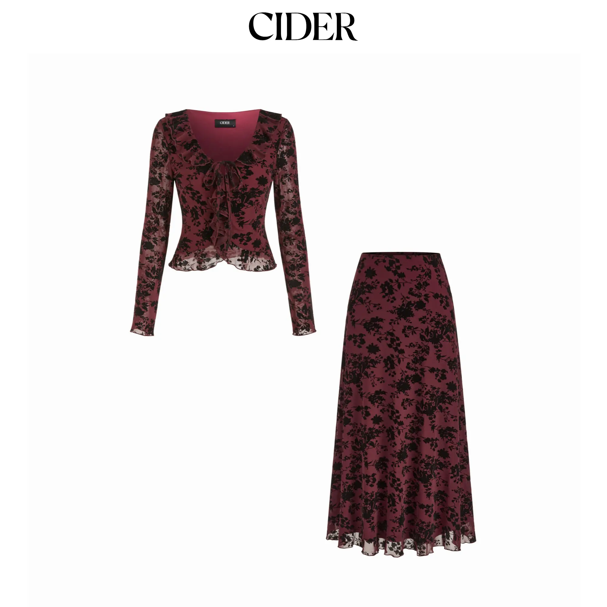 Cider Mesh V-neck Floral Ruffle Hem Knotted Top & Mid Rise Maxi Skirt Set SohoChic