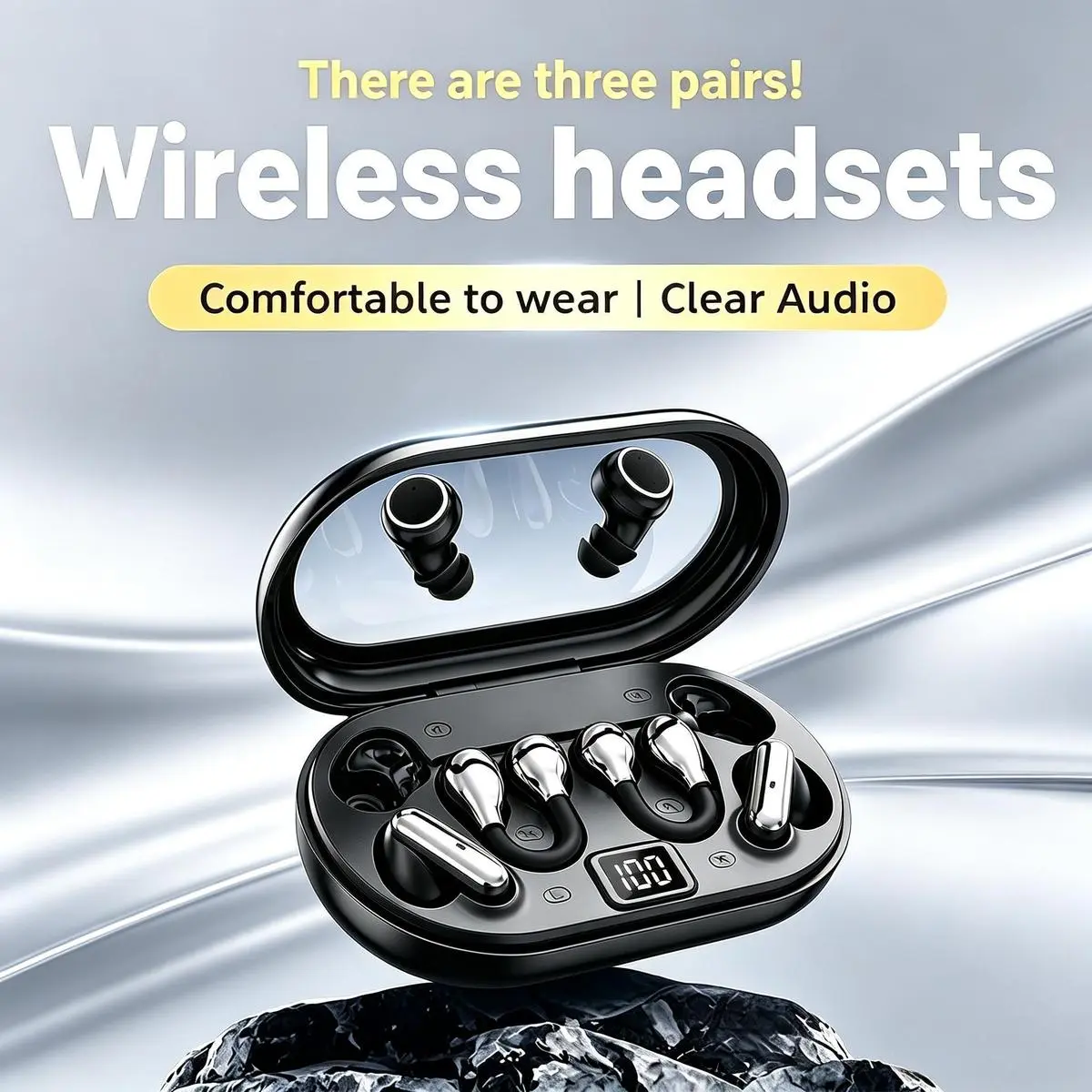 3 Pairs Earbuds Set 3-in-1 TWS Earphones Bluetooth 5.4 with Clip-On Earbuds, Mini Invisible Sleep Earbuds & Sports Hook Earbuds, ENC Noise Cancelling, Waterproof, USB-C Charging, Designed for Work, Running, Gym & Sleeping Comfort