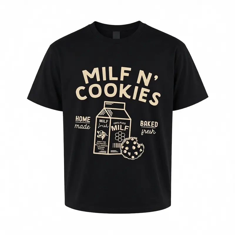 Retro MILF N' Cookies Graphic T-Shirt for Men & Women | Vintage Milk & Cookies Print Short Sleeve Tee Streetwear Aesthetic Urban Style Cotton Tshirt | Oversized Casual Hip Hop Top Apparel Black