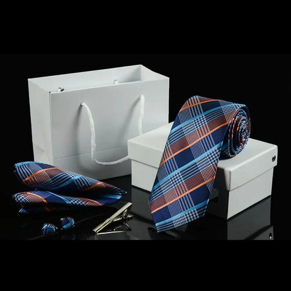 5Pcs Men’s Plaid Necktie Gift Box Set, Formal Business Tie with Pocket Square Cufflinks Tie Clip Brooch, Premium Suit Accessory Combo for Group & Wedding