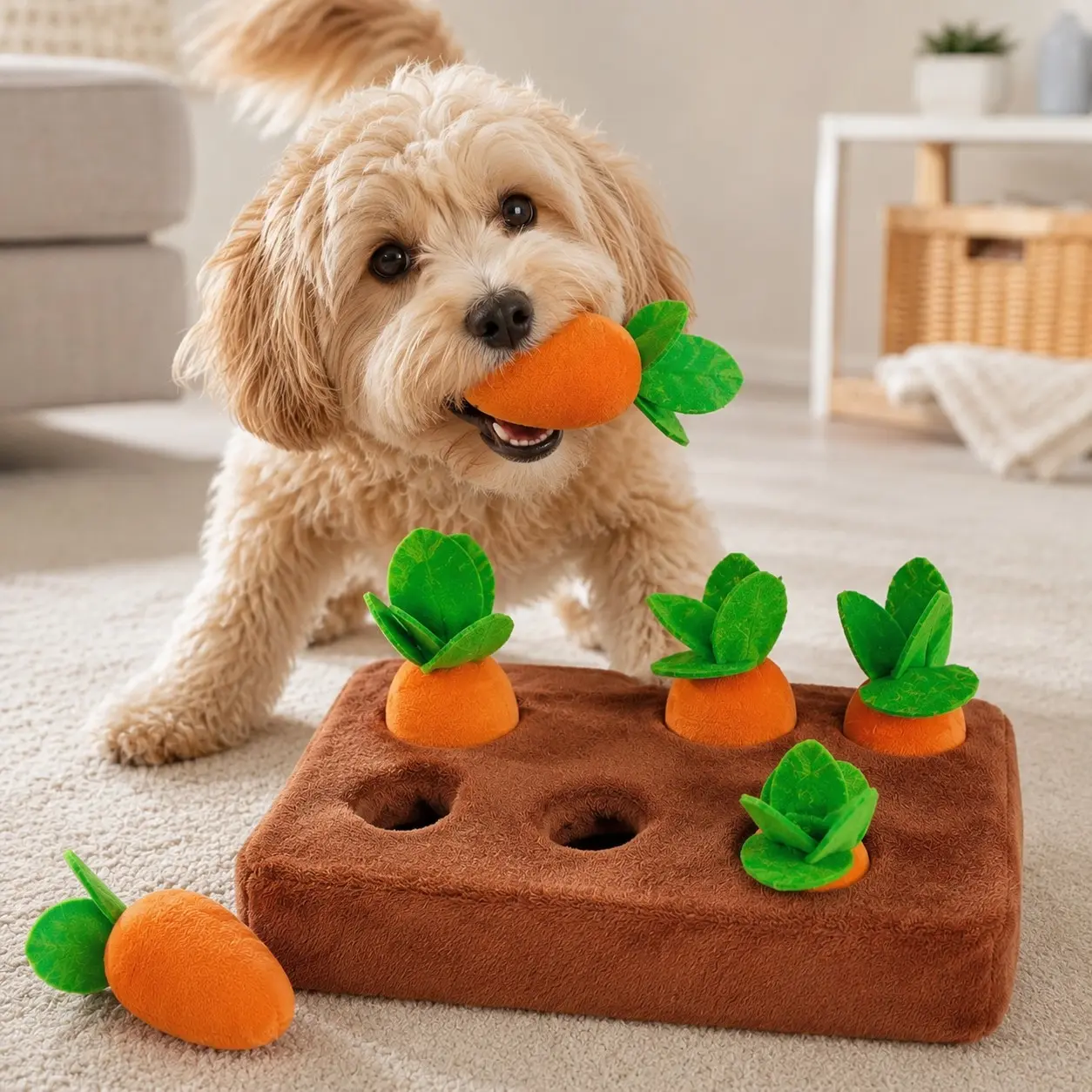 Interactive Carrot Puzzle Toy for Dogs, Plush Hide and Seek Snuffle Toy with Removable Carrots, Soft Pet Enrichment Toy for Small Medium Dogs, Foraging & Training Game, Boredom Relief, Indoor Interactive Play, Washable Design, Brain Stimulation & Fun Play