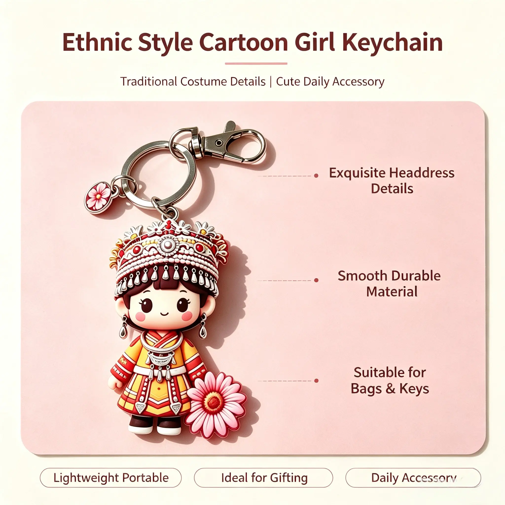Ethnic Style Cartoon Girl Keychain, Silver Color Headpiece Doll Pendant, Flower Accessory, Creative Bag Charm, 1 Piece