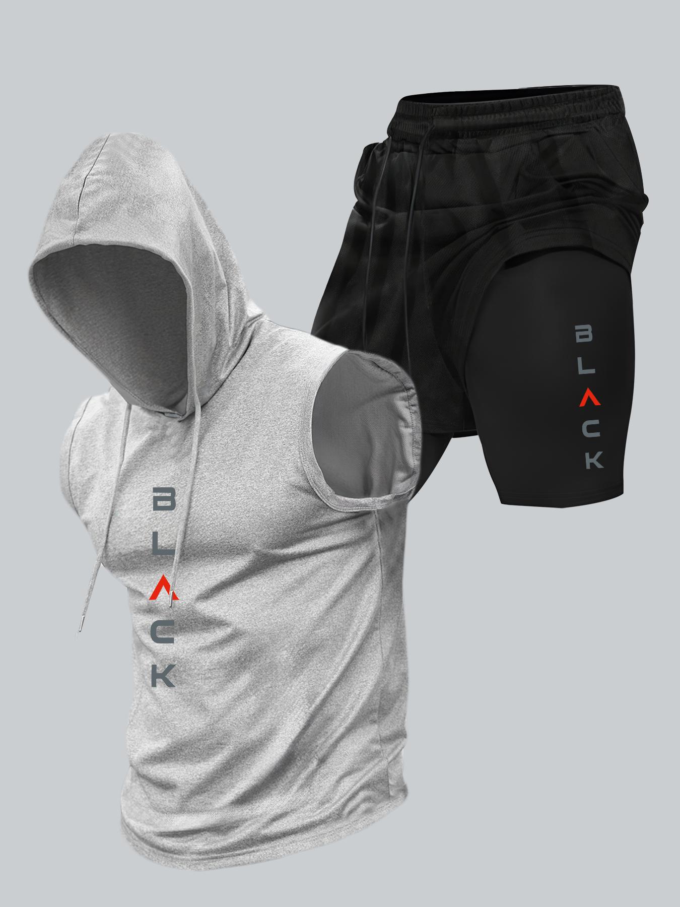 Two-Piece Set Men's Hooded Tank Top & Shorts Set, Regular Fit Casual Pullover Hoodie & Shorts, Men's Two-piece Outfits for Daily Wear, Casual Gym Wear