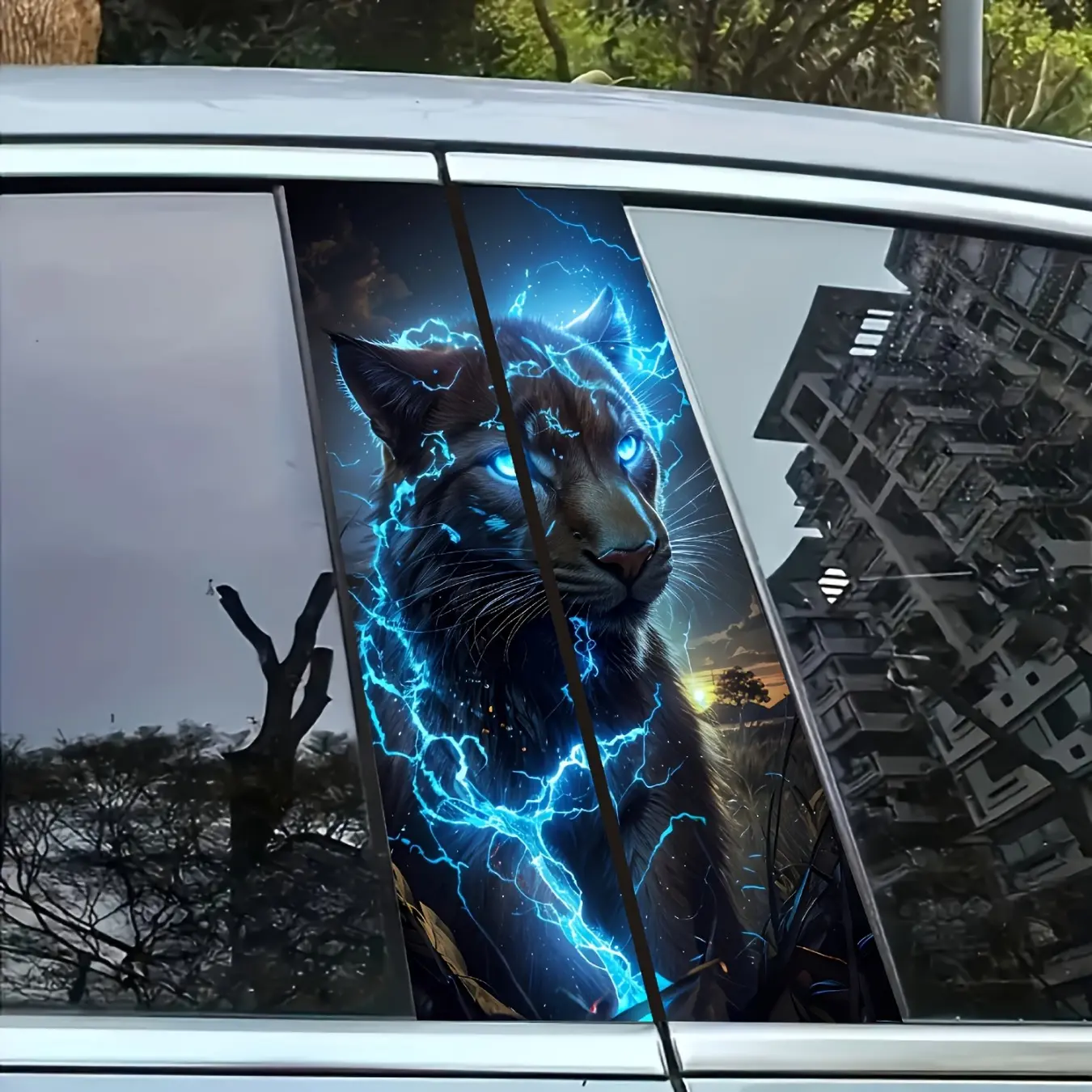 2 Black Panther Lightning Painted Vehicle B-Pillar Stickers, Glossy Surface, Waterproof, Sunscreen, Self-Adhesive, Animal Print, Fantasy And Cartoon Theme, Suitable for Plastic/Glass/Metal Surfaces