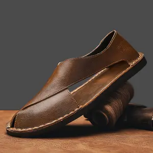 Men's Summer Leather Handmade Sandals, Fashionable Hollow Out Toe Posture Roman Beach Shoes for Men, Comfortable Casual Footwear