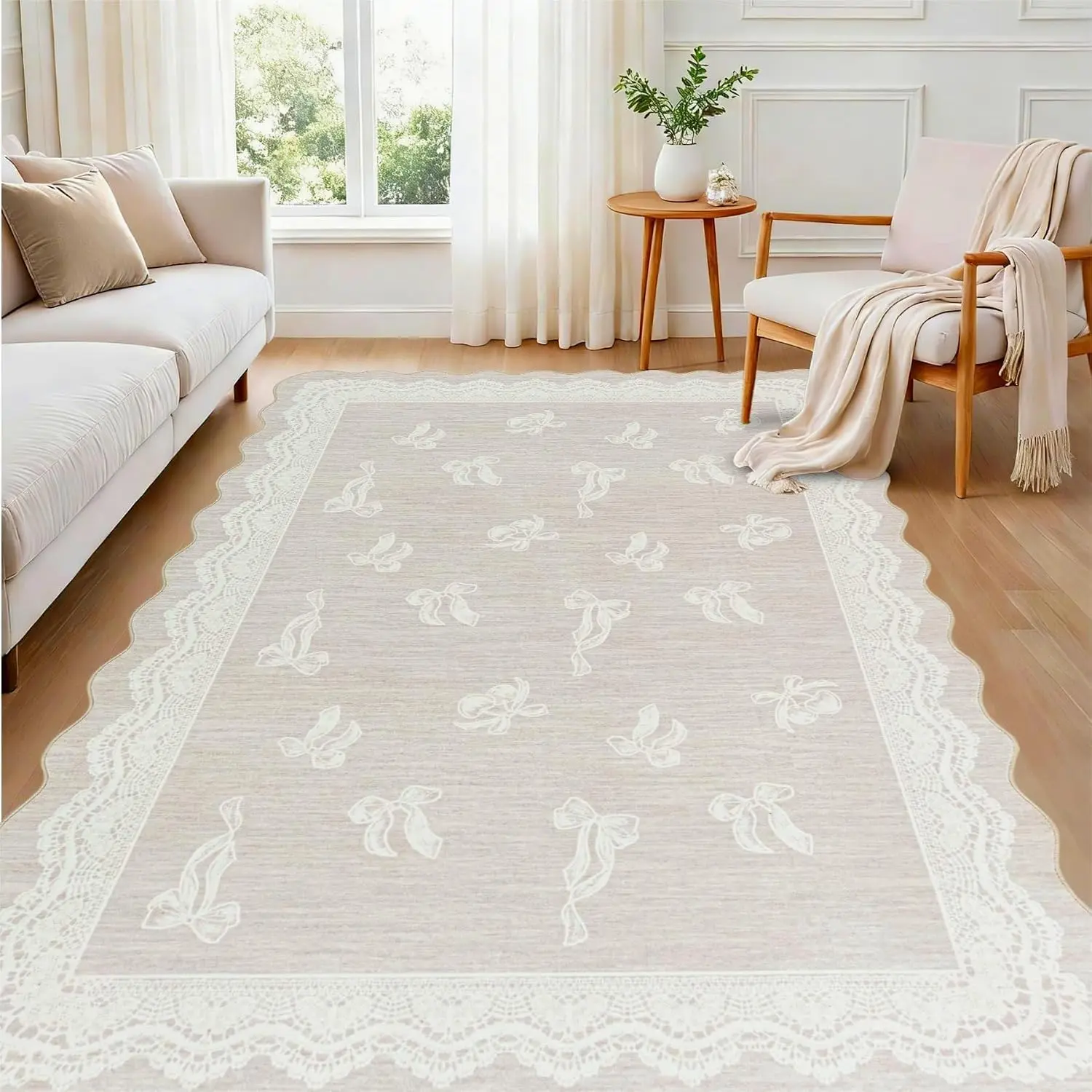 5x7 Scalloped Area Rug for Living Room, Greige Washable Low Pile Non Slip Rug with Bow Large Carpet for   Bedroom Playroom Dining Room  Indoor Decor