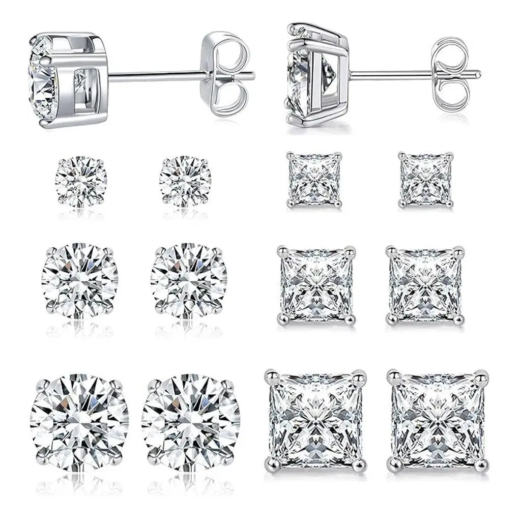 6 Pairs Stud Earrings for Men Women 316L Stainless Steel Earring | Hypoallergenic 3mm/5mm/7mm Square Round Cubic Zirconia Earring Set Surgical Steel CZ Ear Jewelry