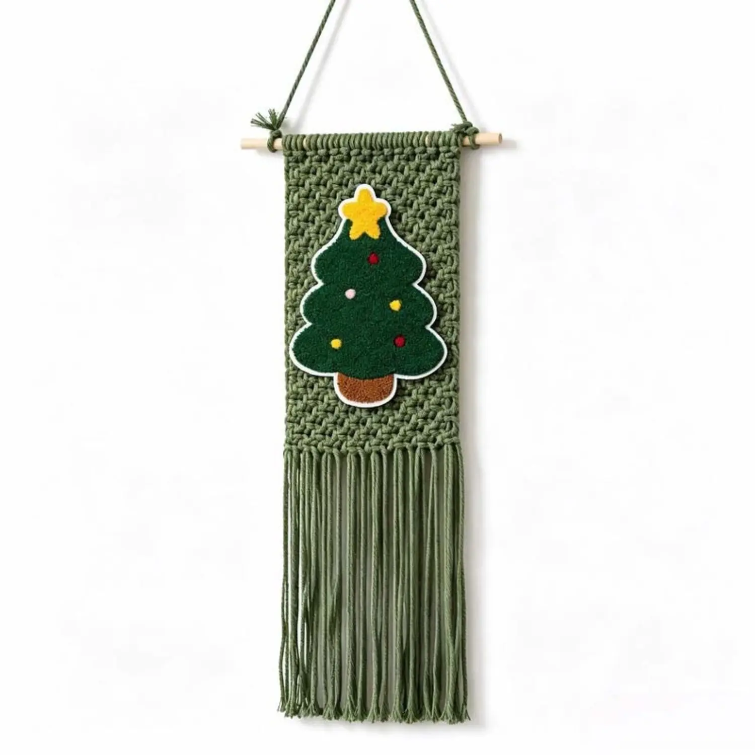 Macrame Christmas Tree Wall Hanging, Woven Sage Green Tapestry, Boho Cotton Fringe Banner, Farmhouse Holiday Room Office Party Decor Gift