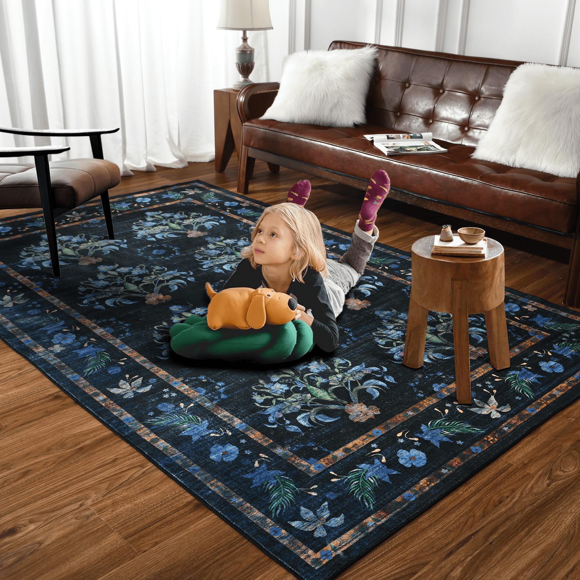 6x9 Washable Large Rugs,Red faux cashmere Area Rug,Indoor Home Decor Rug,vintage printed carpet,Boho Vintage Distressed Non-Slip Low-Pile Non Slip Carpet for Living Room,Dining Room,Office, Black , Dark Blue, Light Blue,Brown,6x9 Feet