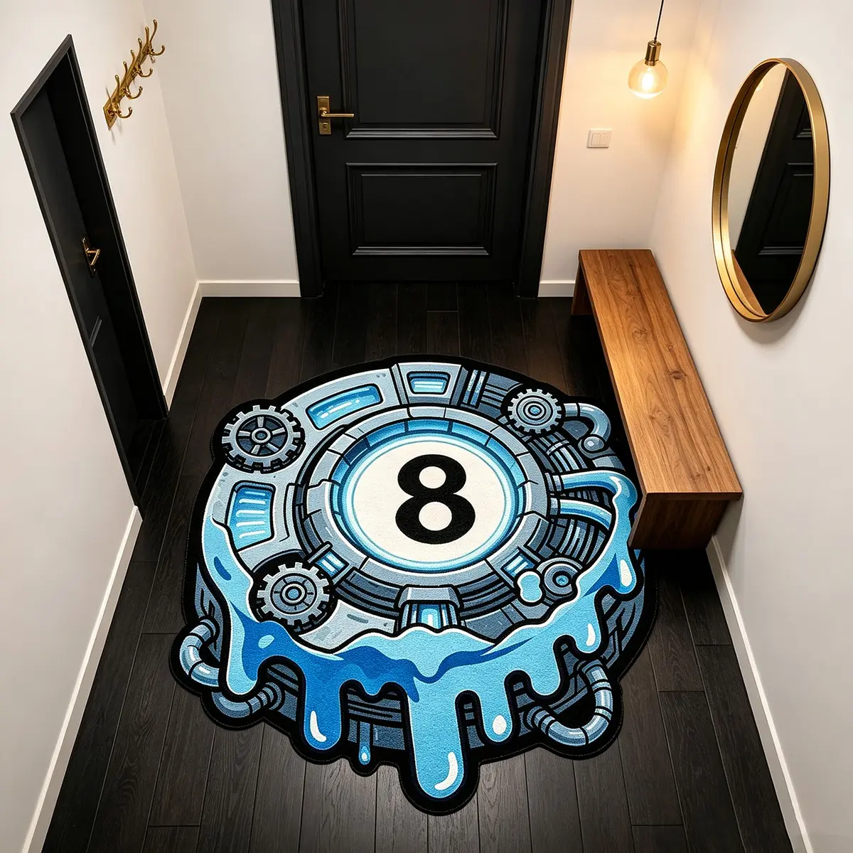 Mechanical Gear 8-Ball Pool Round Irregular Carpet, Blue Drip Fluid Thin Flannel Carpet, Area Rug, Anti-slip Wear-resistant Carpet For Entryway & E-sports Room, Cyberpunk Street Cool Decorative Carpet, Matches Ins Style & Industrial Retro Style