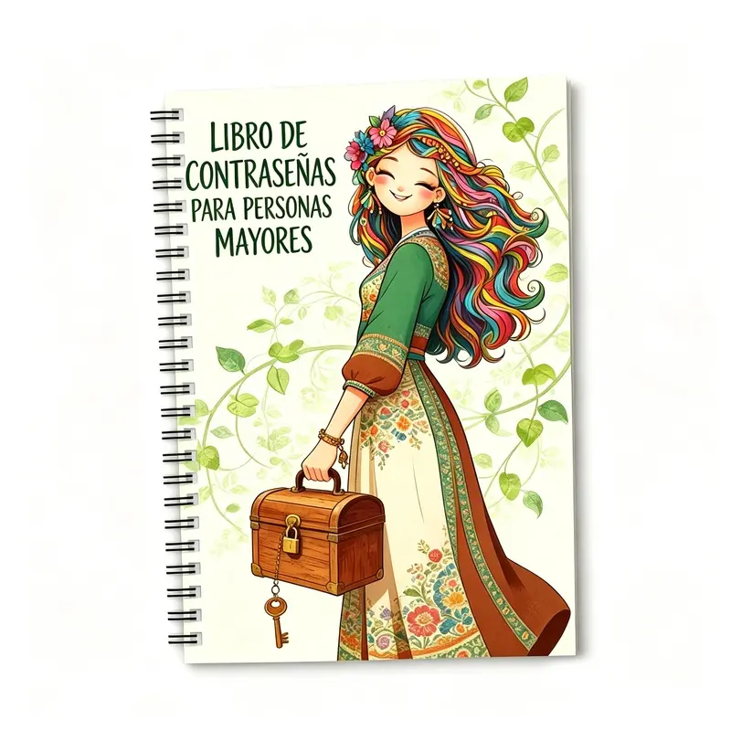 A spiral-bound Spanish language password notebook, specially designed for the elderly, with a retro style, which can be used to record website login information and manage password notes.