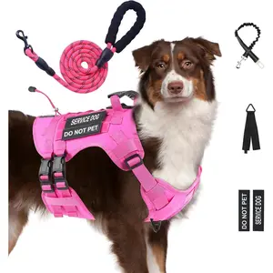 No Pull Tactical Dog Harness for Large Dogs, Escape Proof Molle Dog Vest Harness and Leash Set, Adjtable Military Service Dog Harness with Handle for Medium Large Dogs(Pink, XL)