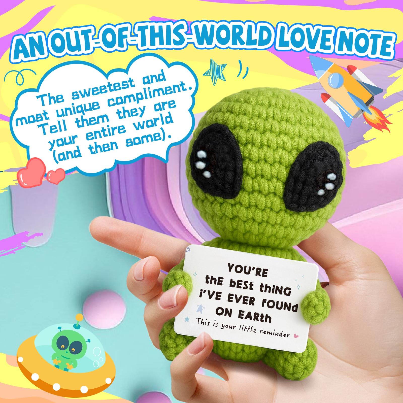Cute Handmade Mini Knitted Alien Plush Emotional Support Stuffed Toy, Soft Stress Relief Doll for Christmas & Birthday Gifts for Women & Men, Teacher Appreciation Present, Bag Charm Keychain & Desk Decor, Unique Handcrafted Holiday Gift for Him, Her, Frie