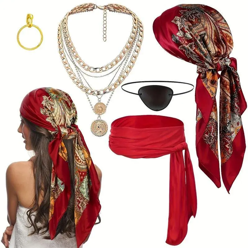 Adult Pirate-Inspired 5-Piece Polyester Costume Accessories Set - Women's Kit with 25*350cm Belt, Halloween Motif Bandana Hat, Eye Patch, Necklace for Party, Carnival