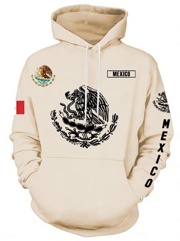 Mexican Cultural Pride Print Hoodie, National Pride Printing, Casual Fitted Design, Long Sleeve, Drawstring Pockets, Fall & Winter