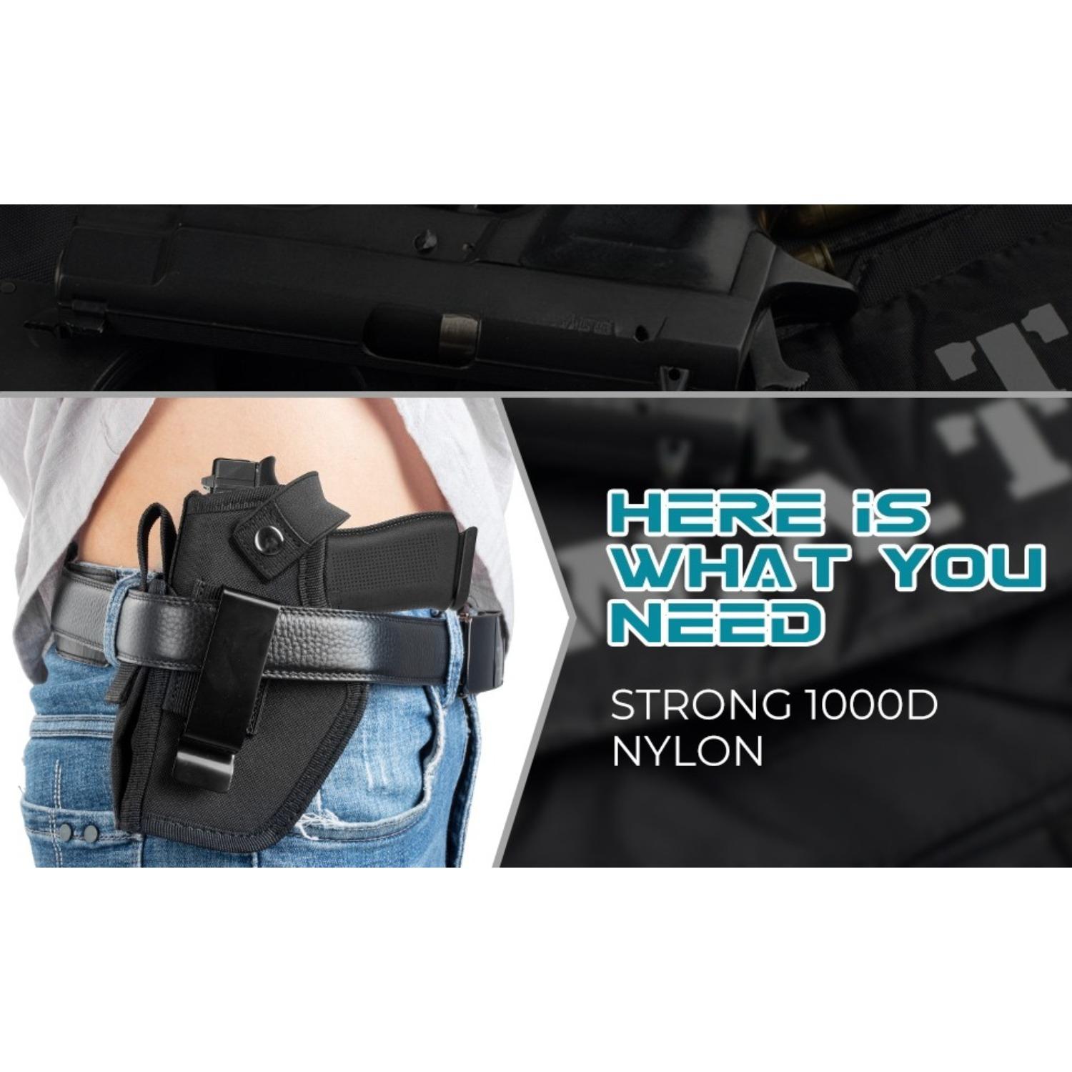 Pistol holsters (for 9mm, .380, and .45ACP pistols), IWB/OWB concealed carry holsters with magazine pouches for men and women, ambidextrous concealed carry (CCW) holsters (fit Glock, Smith & Wesson M&P, and SIG Sauer pistols), pistol mounting systems, eve