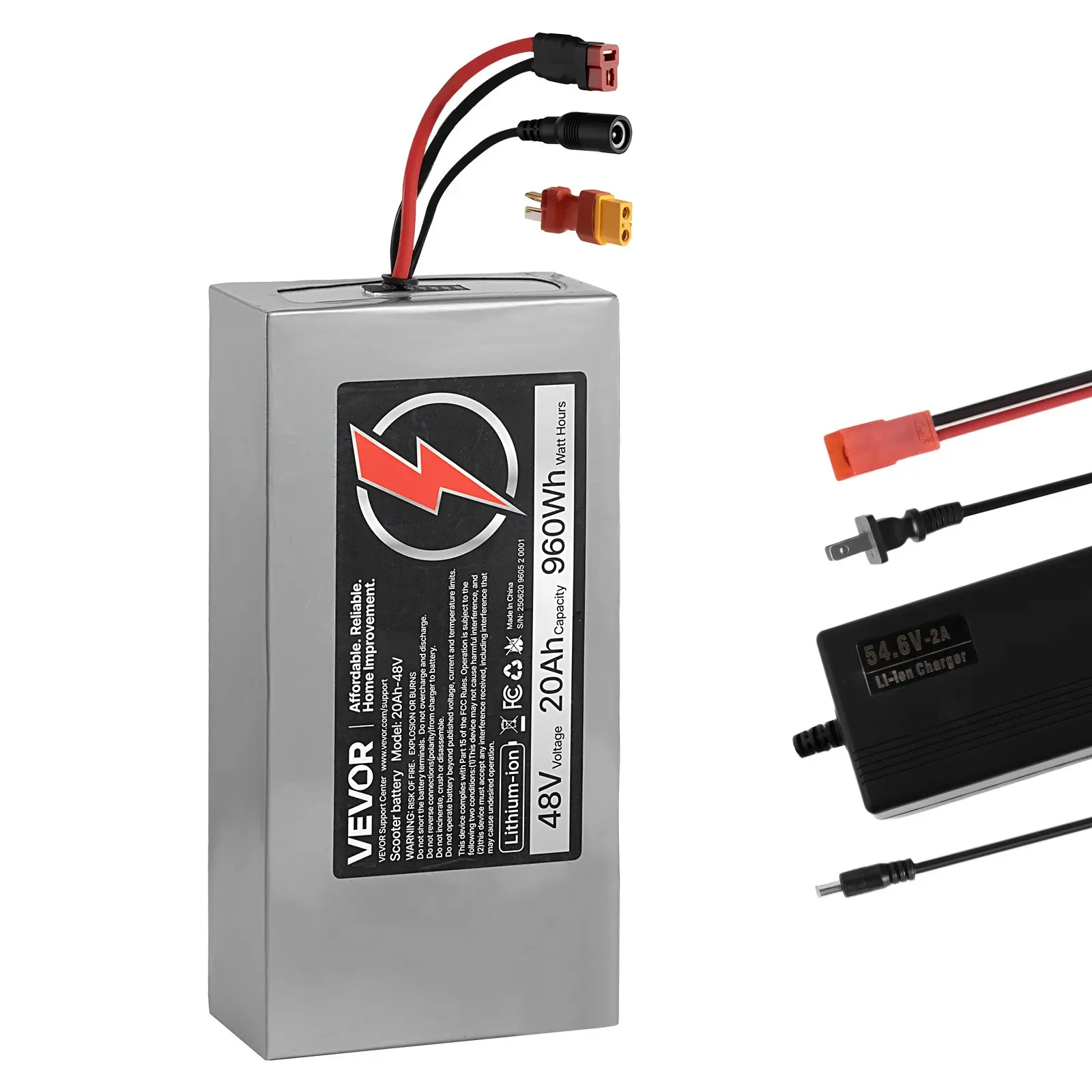 【DealsForYouDays】VEVOR 48V High Power Lithium-Ion Ebike/Scooter Battery, 20Ah Capacity, 30A BMS, Charger, T-Plug Expansion Cable, 500+ High Cycle Life, IP66 Waterproof, 10h Charge Time, Compatible with 4800W Motors, for Electric Bikes & Scooters