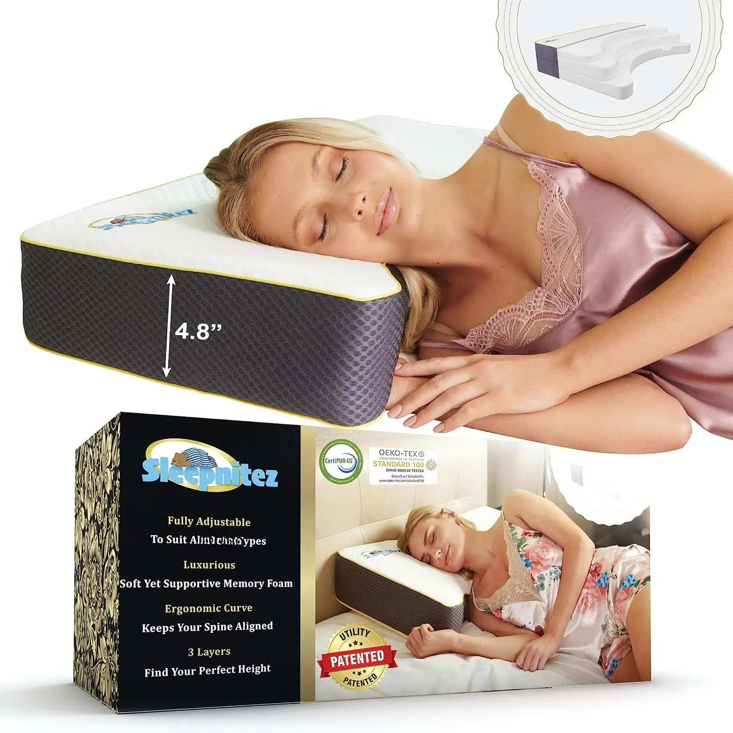 Snuggle  & Side Sleeper Pillow for  and  Support | 3-layer memory  with adjustable loft and  contour; silky soft, washable Tencel cover for  and side sleeping.