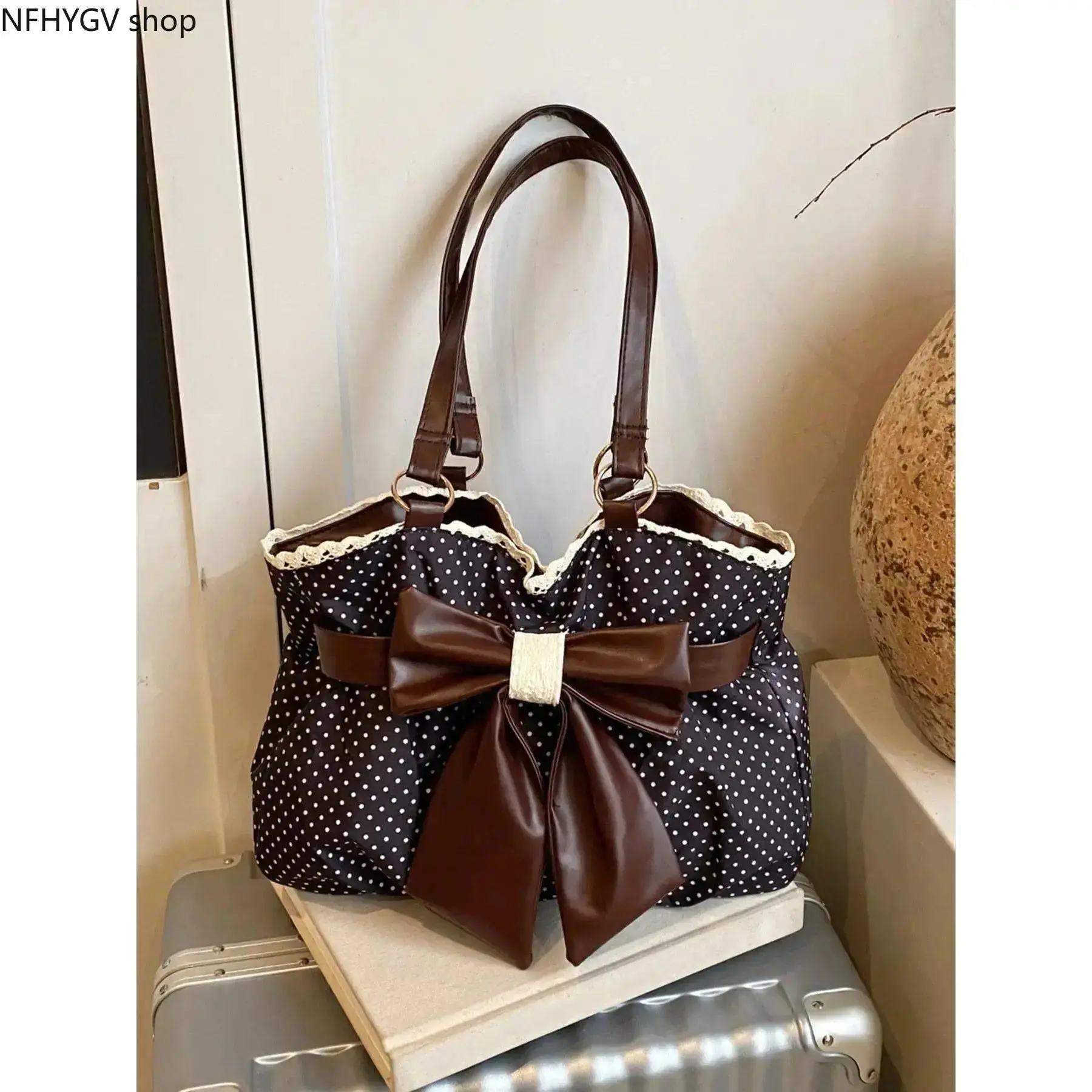 Polka Dot Textured Tote Shoulder Bag, Decorative Handbag With Large Bow And Lace Trim, Large Capacity Carry Purse For Everyday Use Holiday Travel Ladies Casual Outfit Matching Styling Use