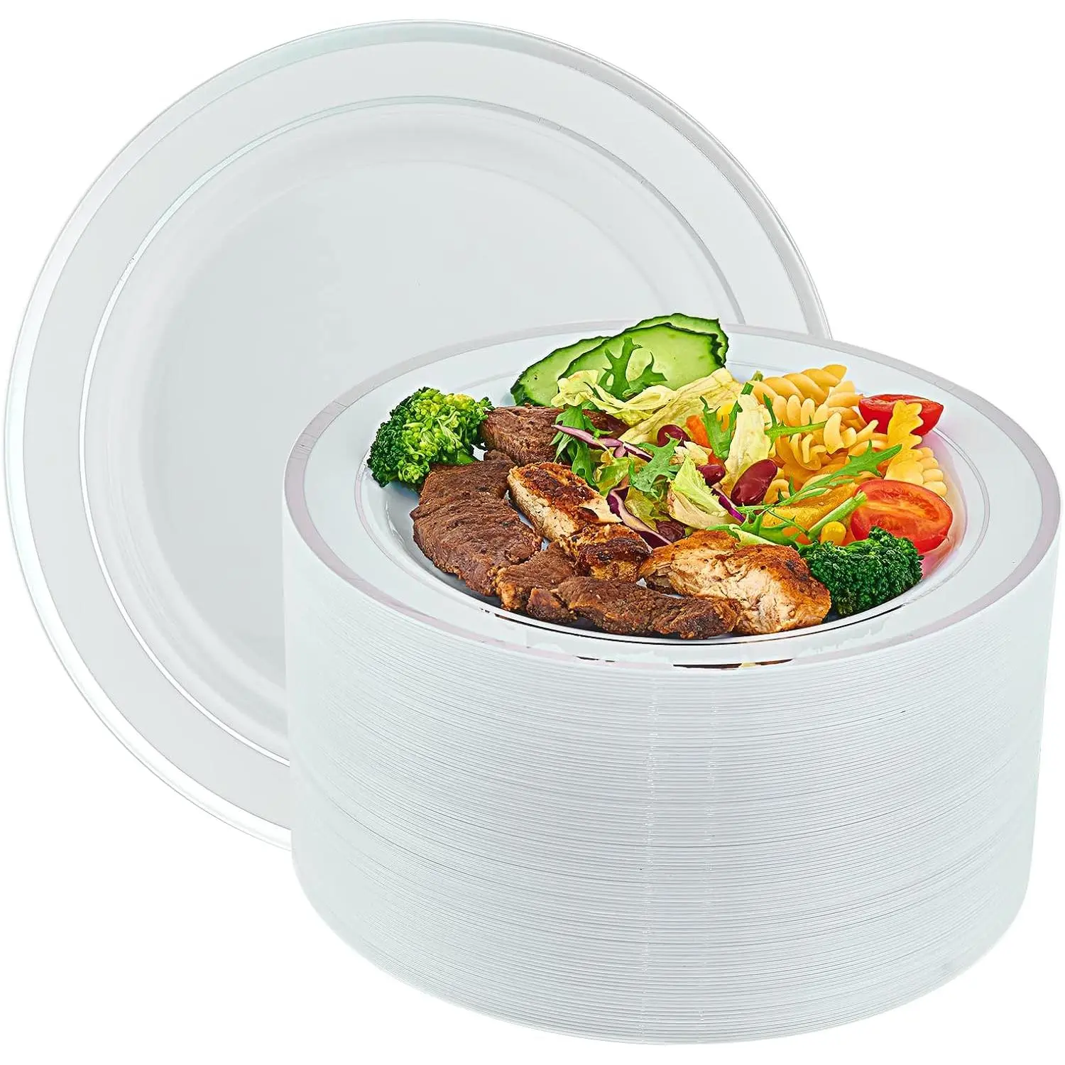 100 count 10 Inch  Plastic Plates Disposable, Heavy Duty White Elegant Durable Dinner Plastic Party Plates with  Rim  for Party Christmas