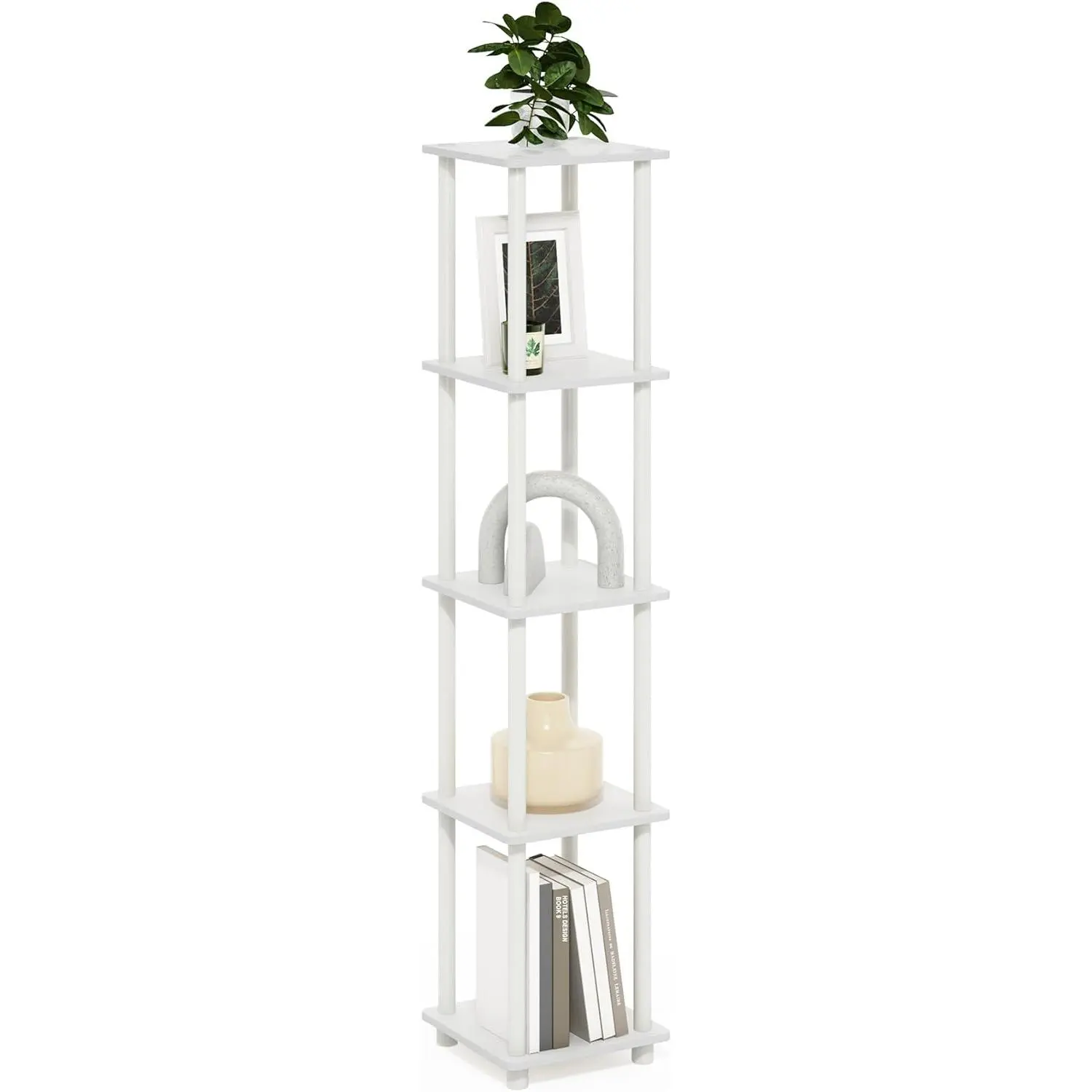 Turn-N-Tube Storage Shelves, 5-Tier Square Book Shelf, Corner Shelf, Toolless Open Shelves, Round Tubes, for Organization and Storage, Living Room, Garage, Home Office, White