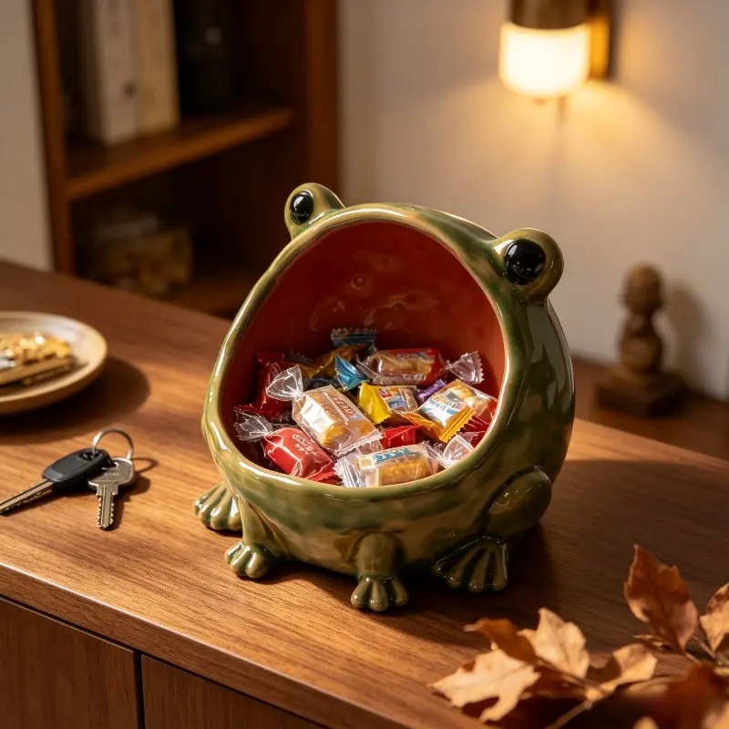 Whimsical Big-Mouth Ceramic Frog Canister - Desktop Size Ceramic Storage Ornament Container, Novelty Kitchen Salt & Snack Holder, Glossy Glazed Craft, Camping Storage Solution, Ideal Holiday Gift, Containers