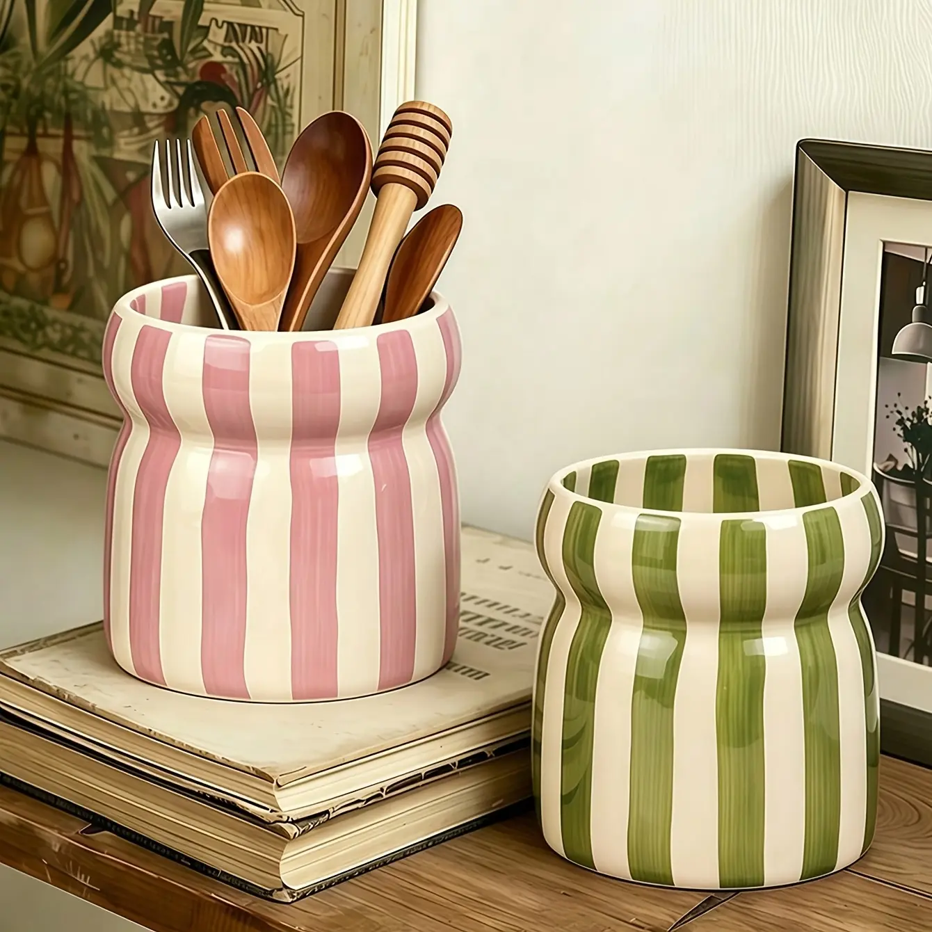 1pc Striped Ceramic Storage Jar, Utensil Holder, Cutlery Caddy with Multi-Color Striped Pattern, Suitable for Kitchen Storage, Tableware Organization, Home Decor, Back to School Supplies, Holiday Gifts