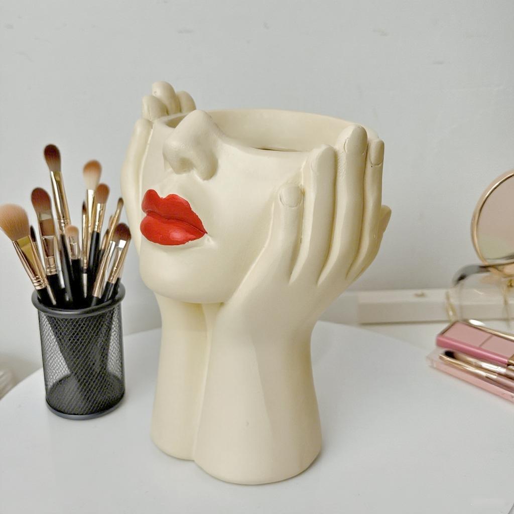 1pc artistic face-shaped flower pot, Planter Pots, makeup brush bucket, a highly designed and practical Decorative garden and courtyard home decoration item, the top choice for soft furnishings, a desktop beauty tool storage