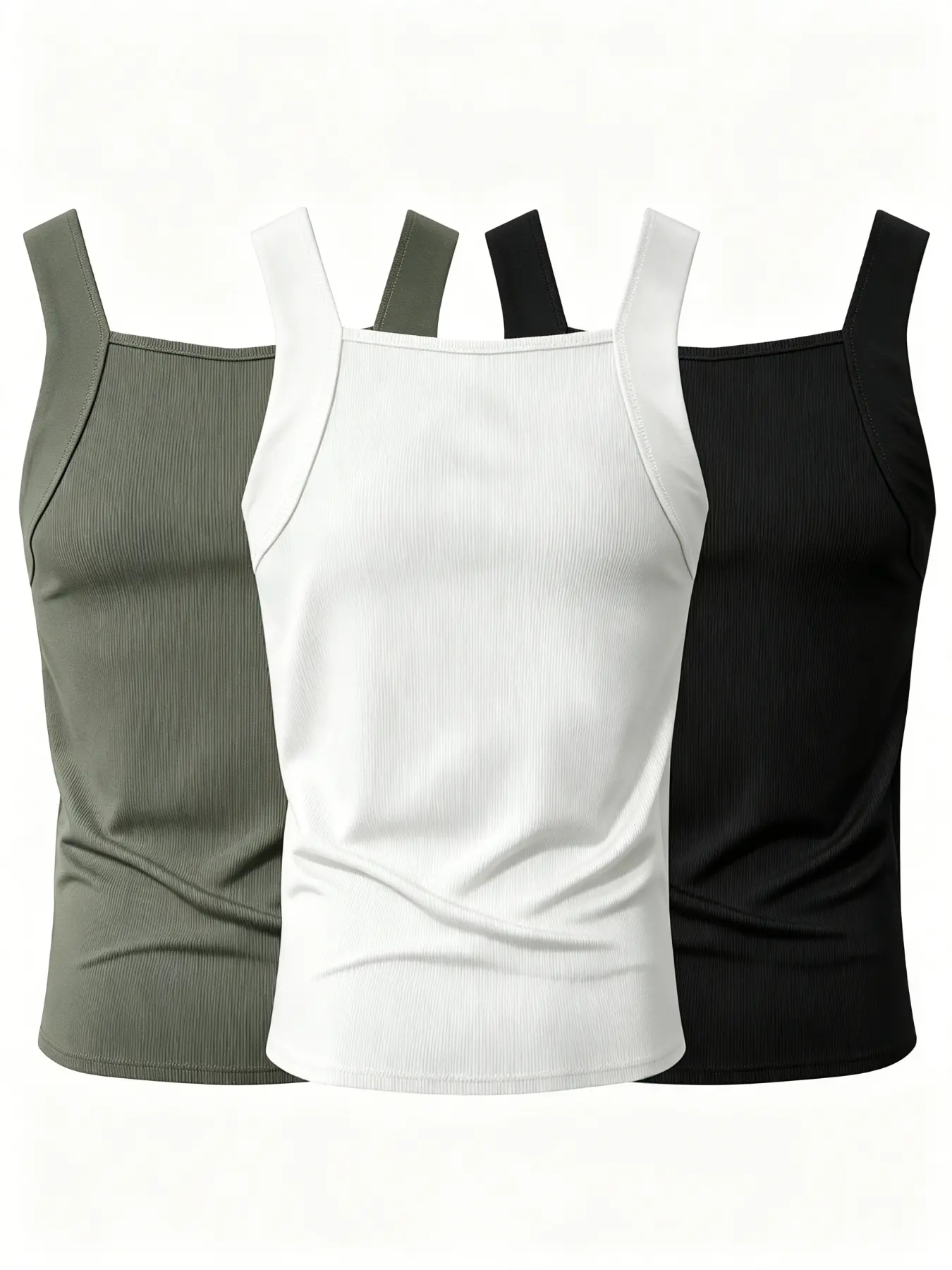 Men's Slim Fit Muscle Training Tank Top, Sporty Vest, Military Three-Piece Set, Square Neck Sleeveless Underwear for Fitness