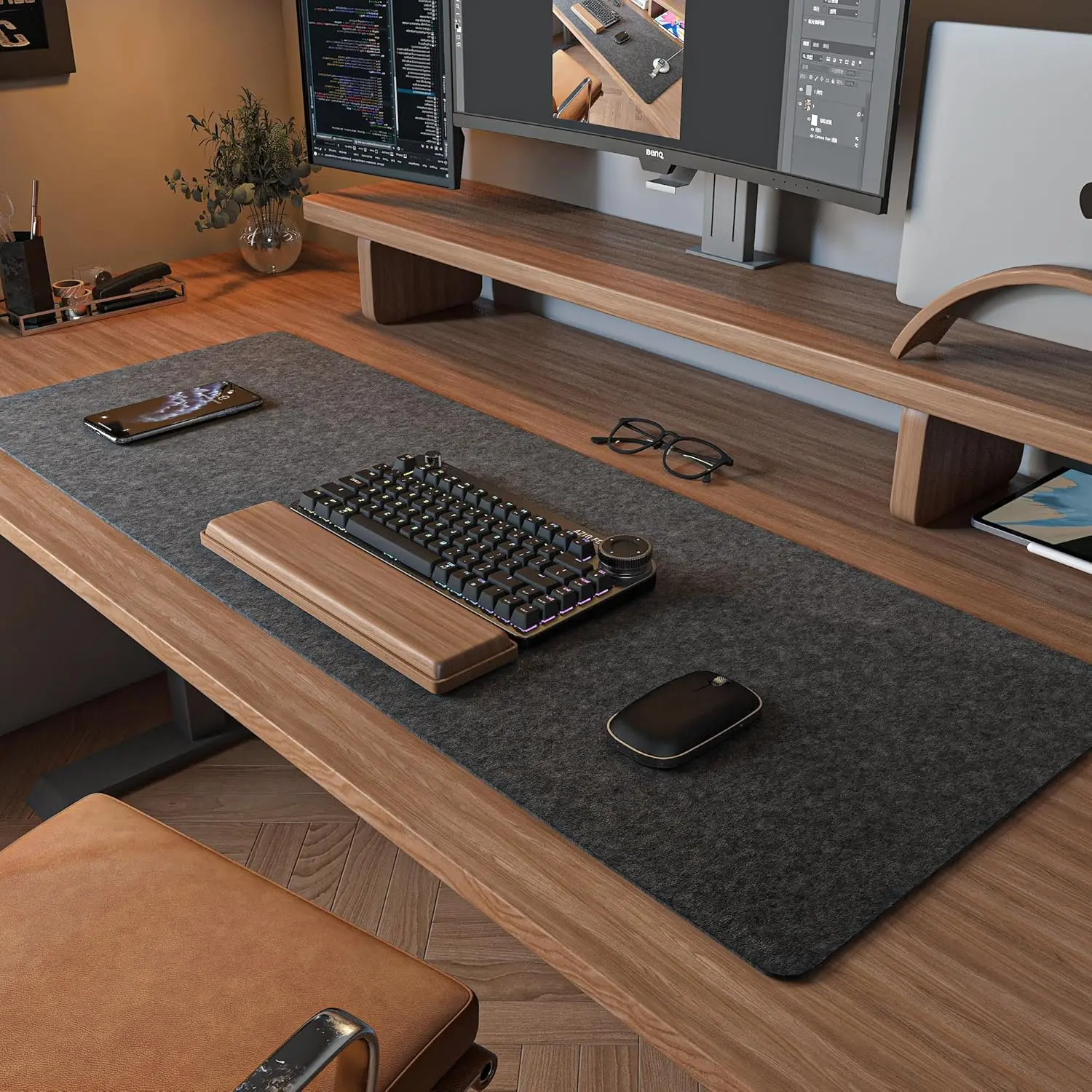 Large Size Felt Desk Mat (36x12in) - Computer Protector That Shields Surfaces, Integrates Keyboard & Mouse Space, Simple Look Functional Decor for Office, Dark Gray