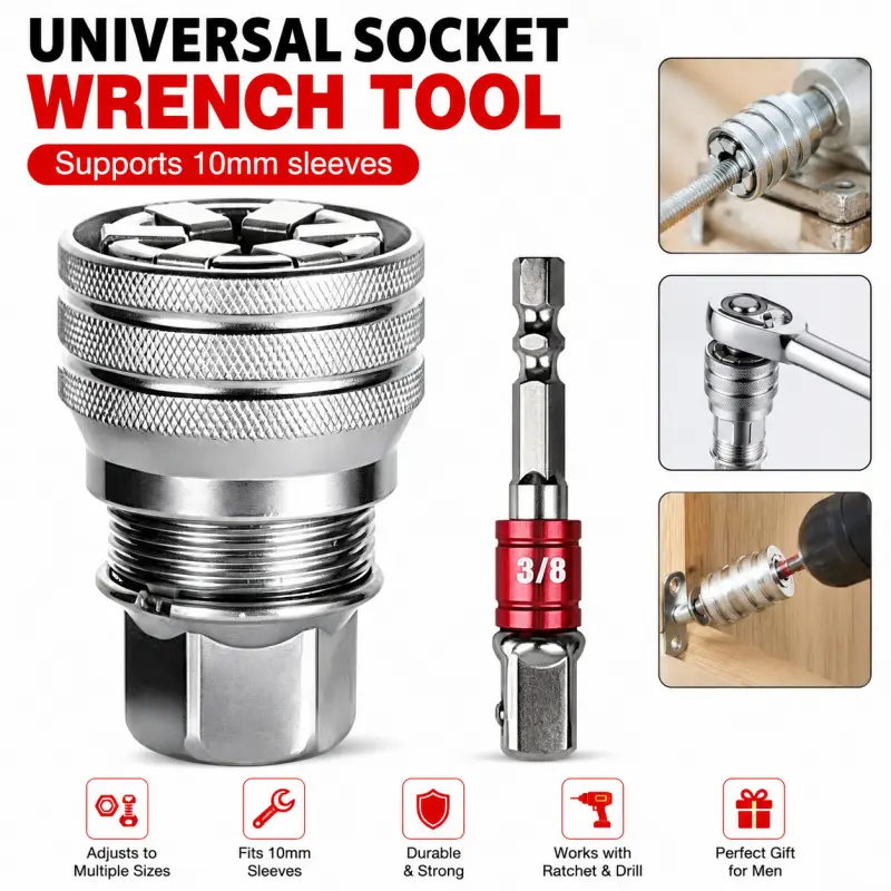 Universal Socket Wrench Tool, Multi-Function Adjustable Universal Socket Adapter for 3/8" Drive Ratchets, Torque Wrenches & Power Drills, Fits Multiple Nut & Bolt Sizes, Handy Repair Tool for Men, Father's Day Gift