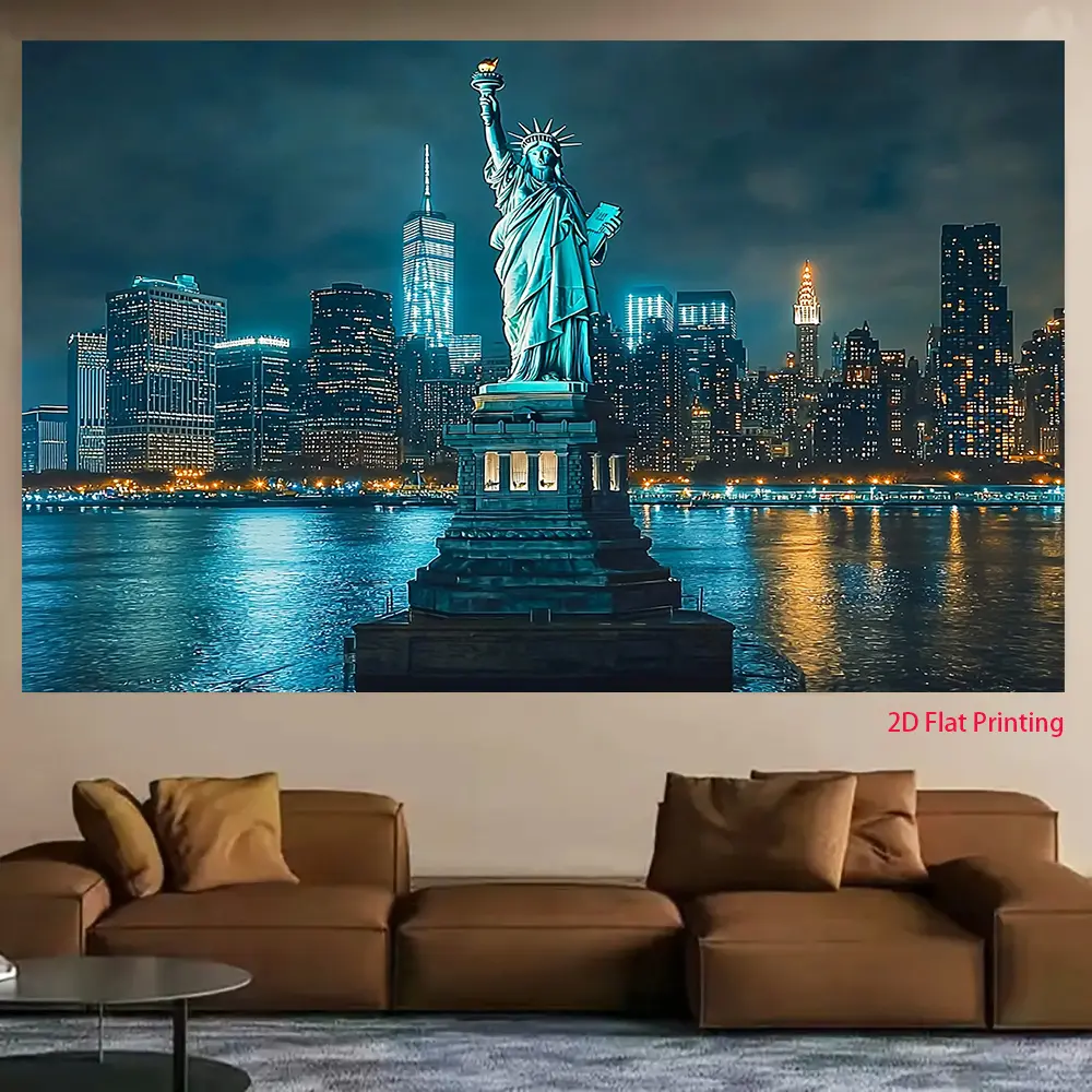 2D Flat, 2D Flat, A 2D Flat Tapestry Featuring a Neon Skyline of New York City at Night - a Large Uv-Printed Poster of The Statue of Liberty And The World Trade Center, Suitable for Home, Office