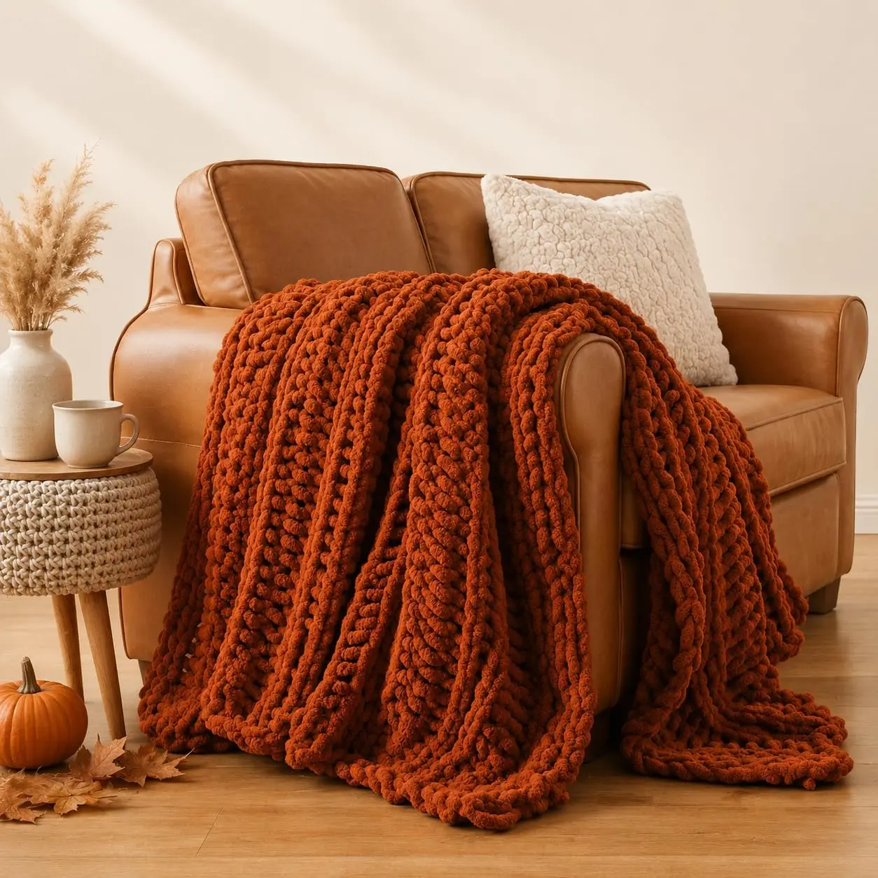 Chunky Knit Throw Blanket for Couch, Hand Made Chenille Throw Blanket, Super Soft Warm Cozy Caramel Blanket for Bed, Sofa, Living Room, 50"x60"