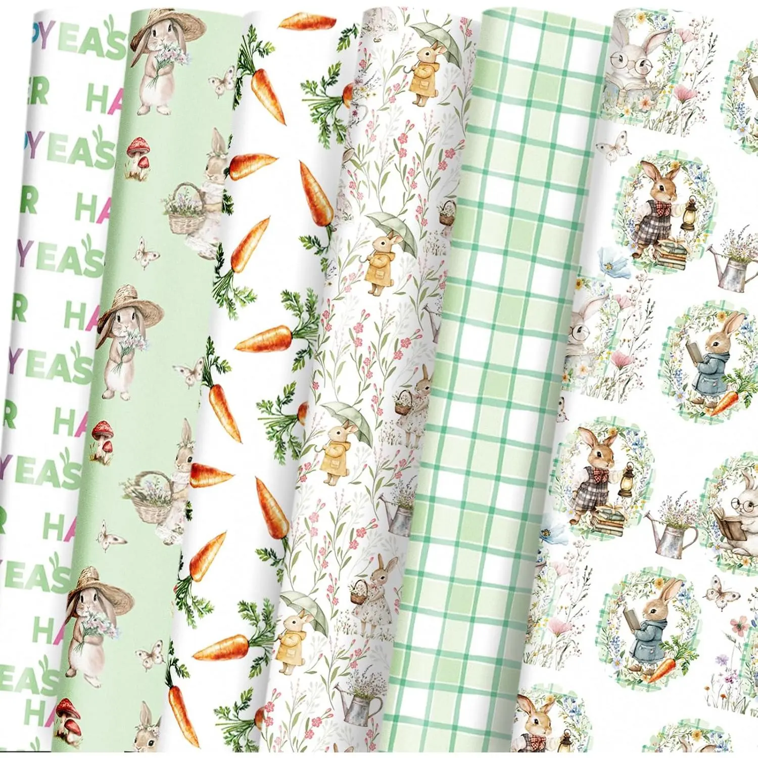 Easter Wrapping Paper Sheets, Bunny Carrot Green    Wrap for Easter Basket,  Birthday,  Shower and Spring Celebration, Folded Flat 6 Sheets, 19.7" x 27.5" Per Sheet
