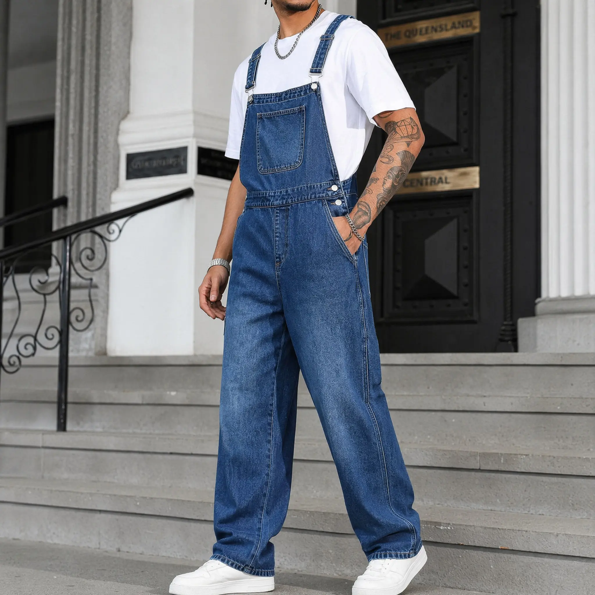 Men's Loose Fit Denim Overalls,Vintage Mid-Wash Blue Wide Leg Dungarees,Y2K Streetwear Classic Workwear Bib Overalls,Summer Casual Clean Fit Jumpsuit,Amercian men's overall Baggy Menswear