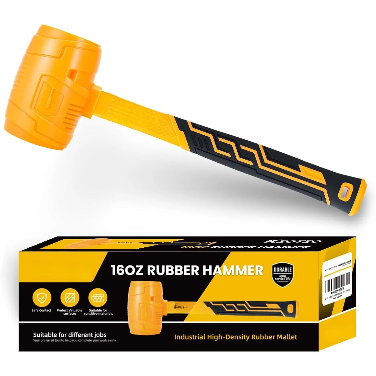 16oz Rubber Mallet Hammer, Fiberglass Handle, Rubber Mallet for Flooring, Tent Stakes, Woodworking, Camping, Soft Blow Tasks without , 2025 upgraded seamless rubber hammer(yellow) (16OZ)