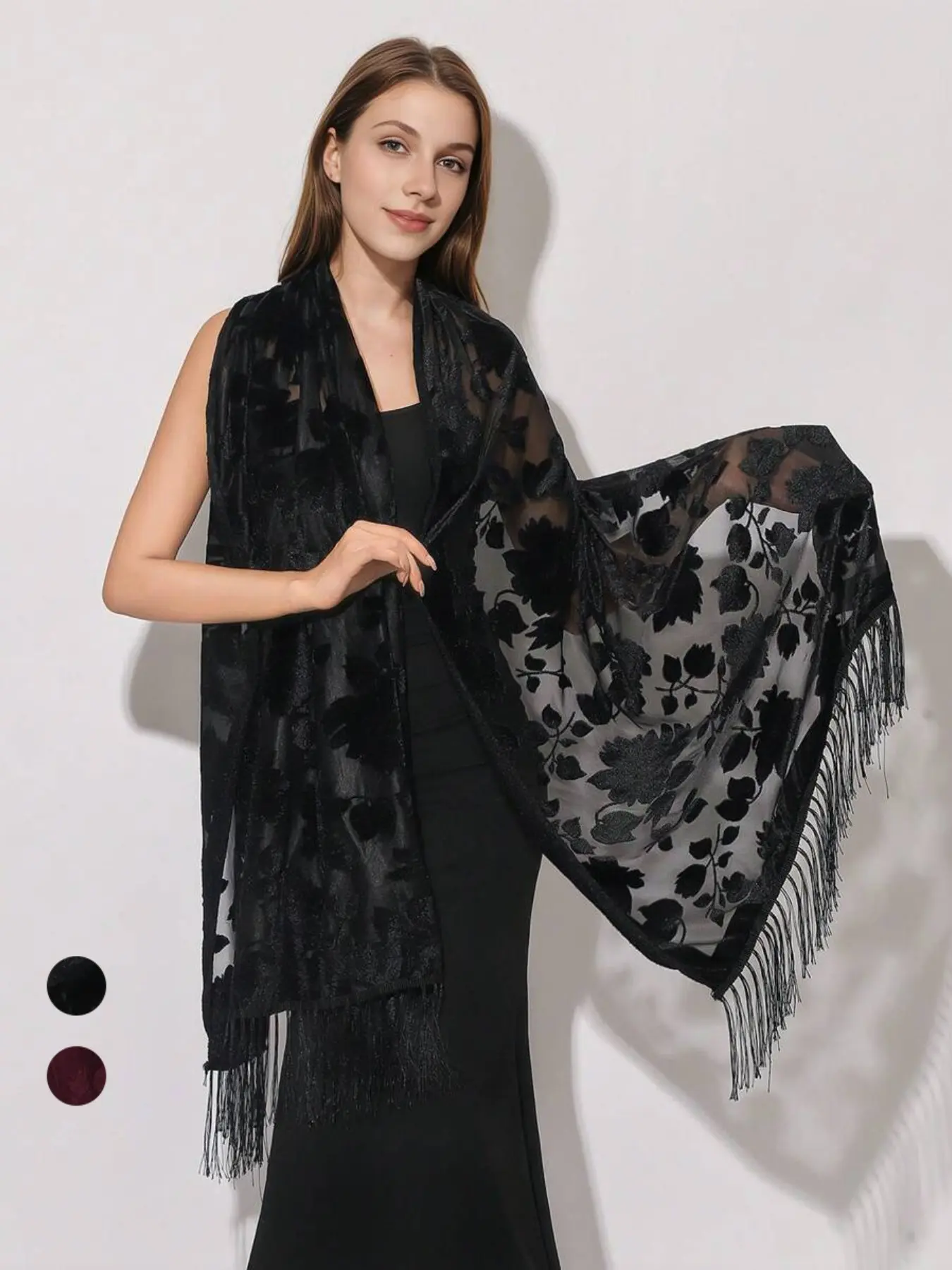 Women's Maple Leaf Lace Tassel Shawl  ,Sheer Elegant Wrap for Evening & Daily Wear