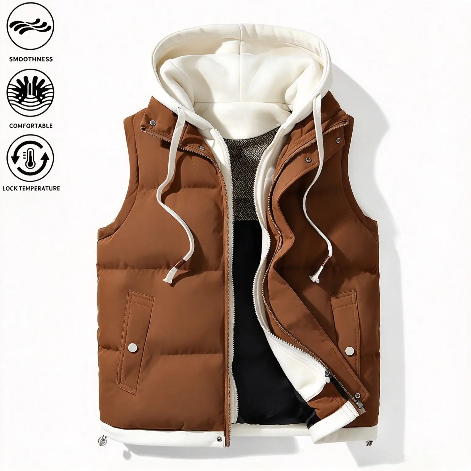 Men’s Lightweight Quilted Hooded Vest, Adjustable Drawstring Hood, Dual Zipper Front, Deep Side Hand Pockets, Thermal Insulated Sleeveless Gilet, Wind Resistant Layering Outerwear, Versatile Transitional Top for Fall Winter Daily & Outdoor Casual Wear