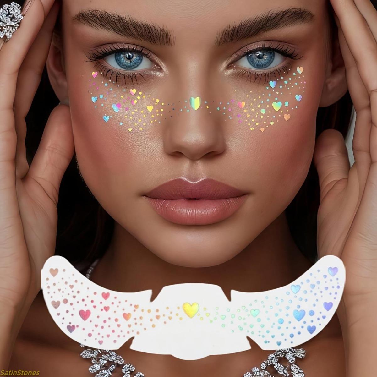 6 Pack Glitter Freckle Stickers, Rainbow Heart Star Pattern Waterproof Temporary Tattoo Decals for Party Holidays Daily Makeup Decoration, Glitter Tattoo