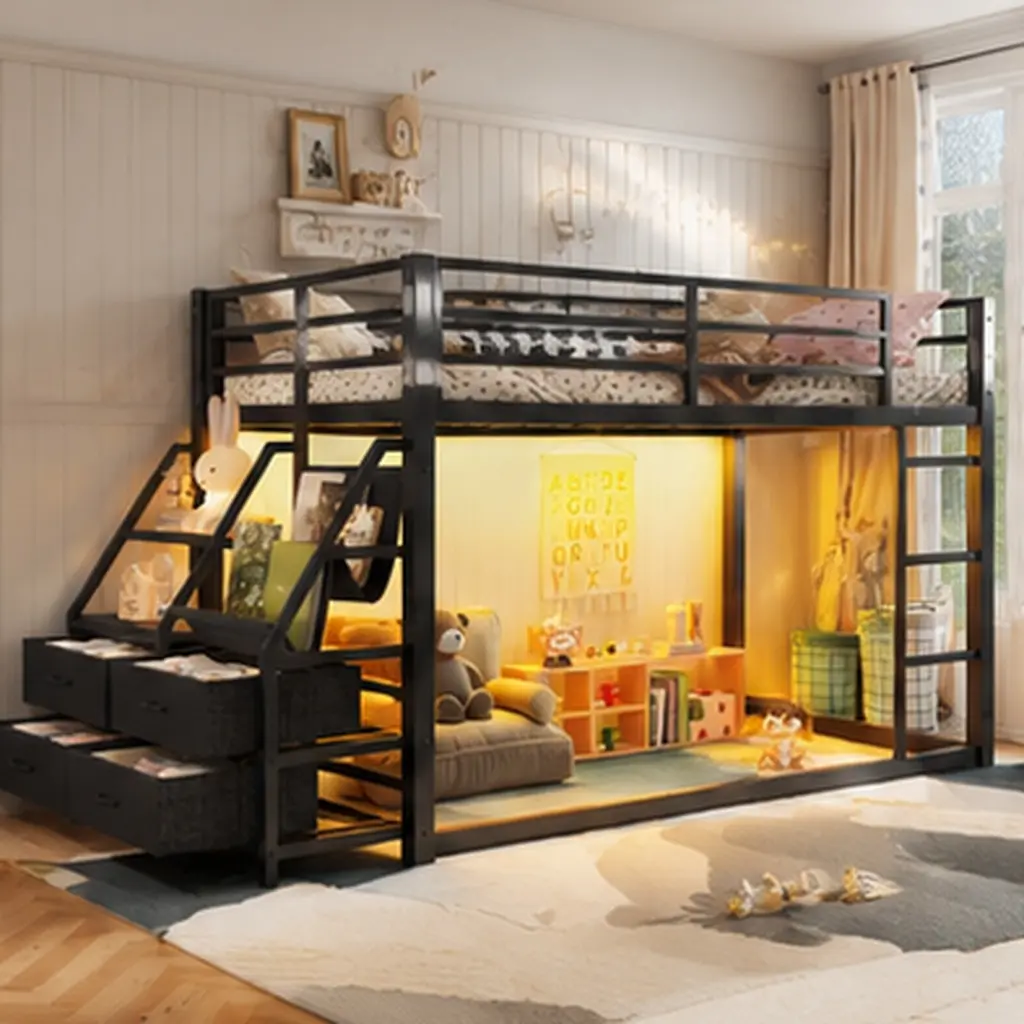 ARCH Twin over Twin Metal Bunk Bed with Storage Shelves and Drawers, LED Lights, Heavy-Duty Steel Frame, No Box Spring Needed, Space-Saving for Teens Kids Bedroom, Black MDF+Metal Combo, Twin Size Options, Black Color Options, MDF+Metal Material