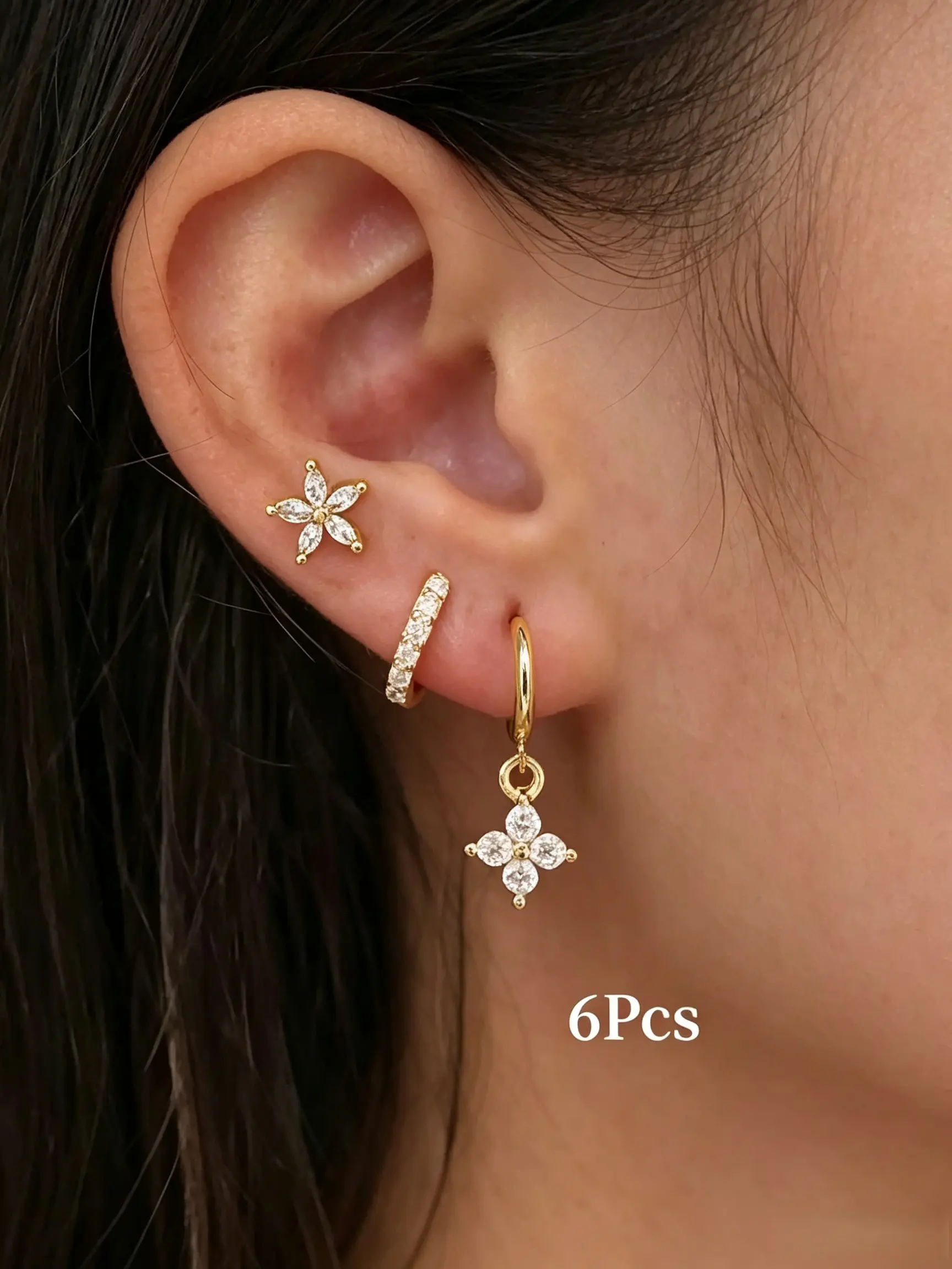Women's 14K Gold Plated Luxury Pave Zircon Earring Multi-Piece Set, Featuring Floral Studs, Pave Huggie Hoops and Clover Dangle Charms for Multiple Piercings and Daily Stacking