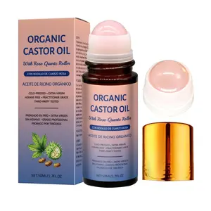 Organic Castor Oil Roll on with Rose Quartz Roller - 100% Cold Pressed Moisturizing Oil for Brows, Lashes, Face, Hairline & Dry Skin - Travel Friendly Leakproof Roller Bottle Face Body Massage Essence