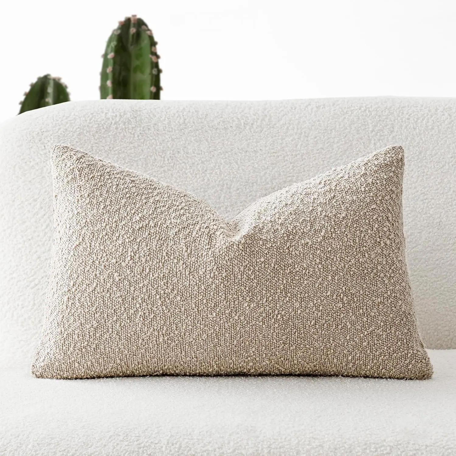 Polyester Rectangular Lumbar Cushion Cover (1 Count) - Textured Boucle, Cozy Soft Solid Accent Case, 12x20 In Beige Oatmeal for Couch, Bedroom Home Decor