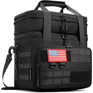 Tactical Lunch Box, 20L Large Heavy Duty Double Deck Insulated Lunch Bag Leakproof Expandable Tote Cooler with Shoulder Strap for Adult Men Women Work Fishing Picnic Travel Black