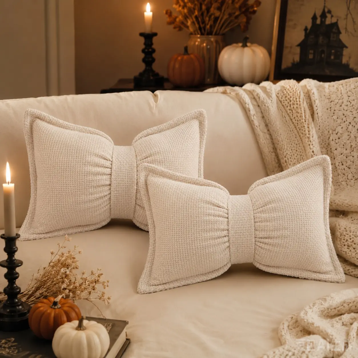 Halloween Knit Plaid Cushion Pillow, Bohemian Style Bow Decorative Pillow with Insert, Comfortable and Breathable, 30cmx50cm, Sofa or Bedroom Decor